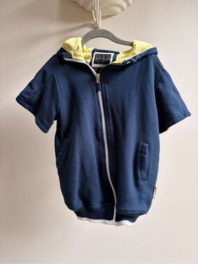 Sean John Navy Short-Sleeve Zip Hoodie with Yellow Hood Lining